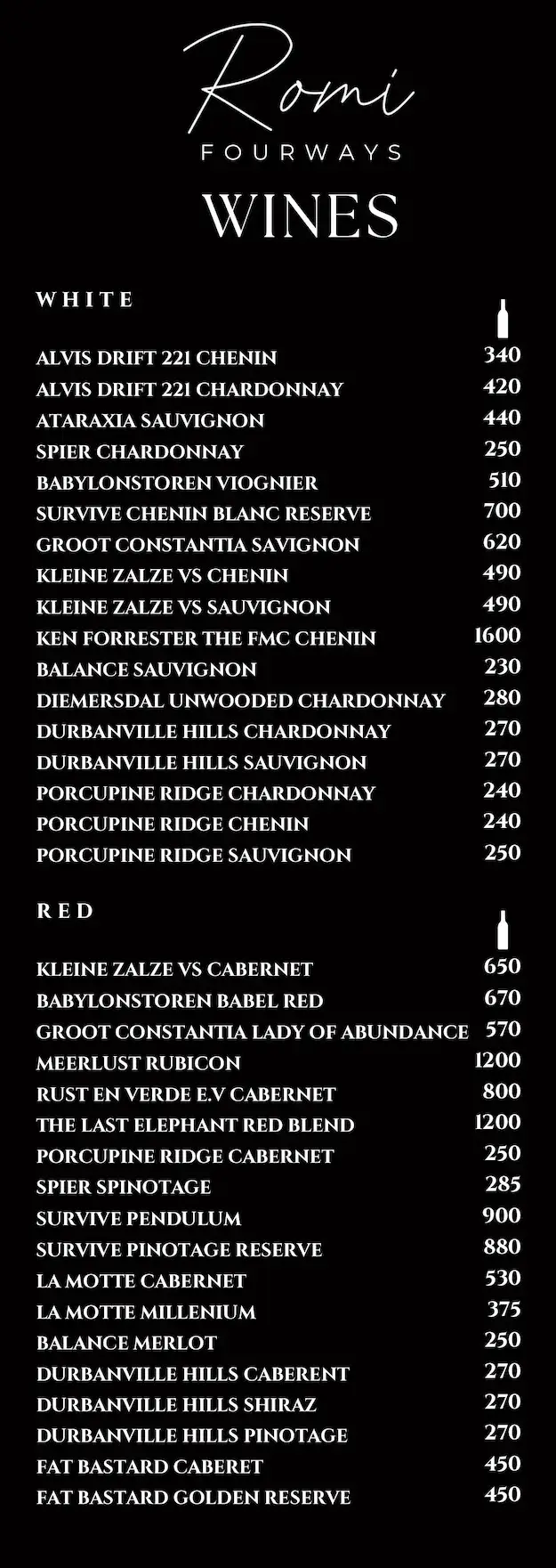 Romi wine menu